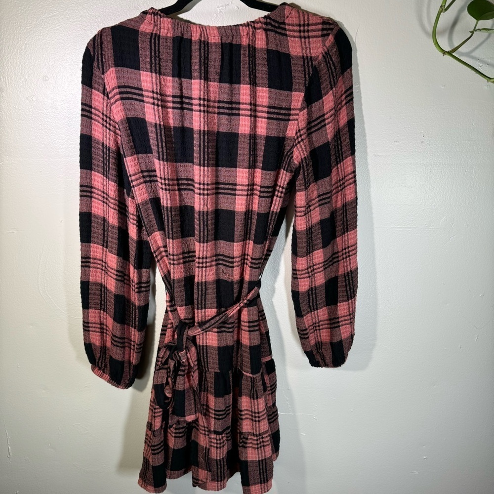 Anthropologie Cloth&Stone Plaid Daia Belted Tier Mini Dress Raglan Long Sleeves - Picture 11 of 16